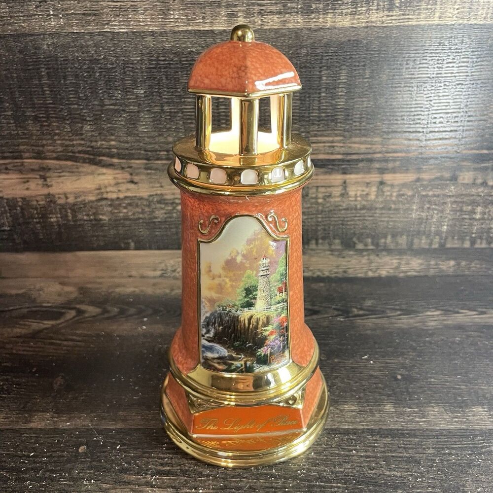 Thomas Kinkade "The Light of Peace" Illuminated Red Lighthouse Lamp Works